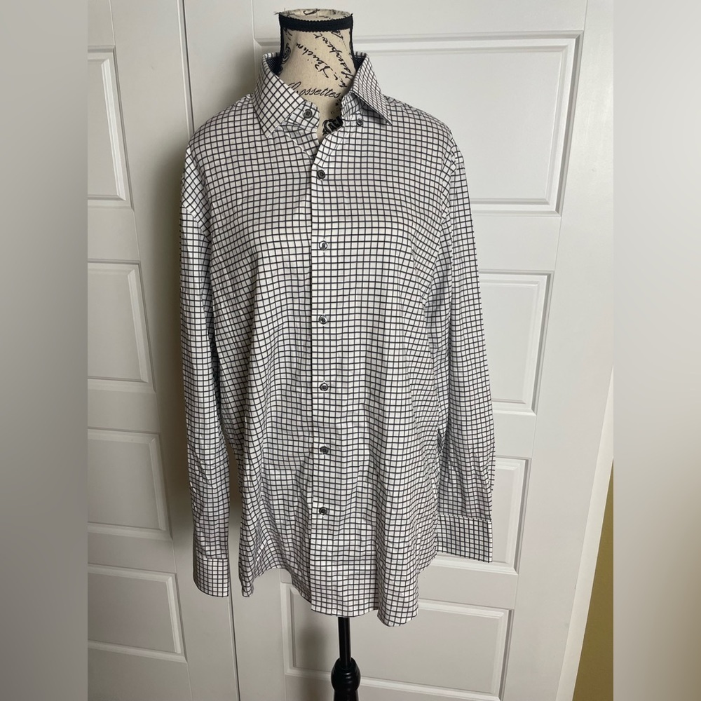 Bugatchi Super Fine Cotton Button Down Long Sleeve Black and White Grid Shirt